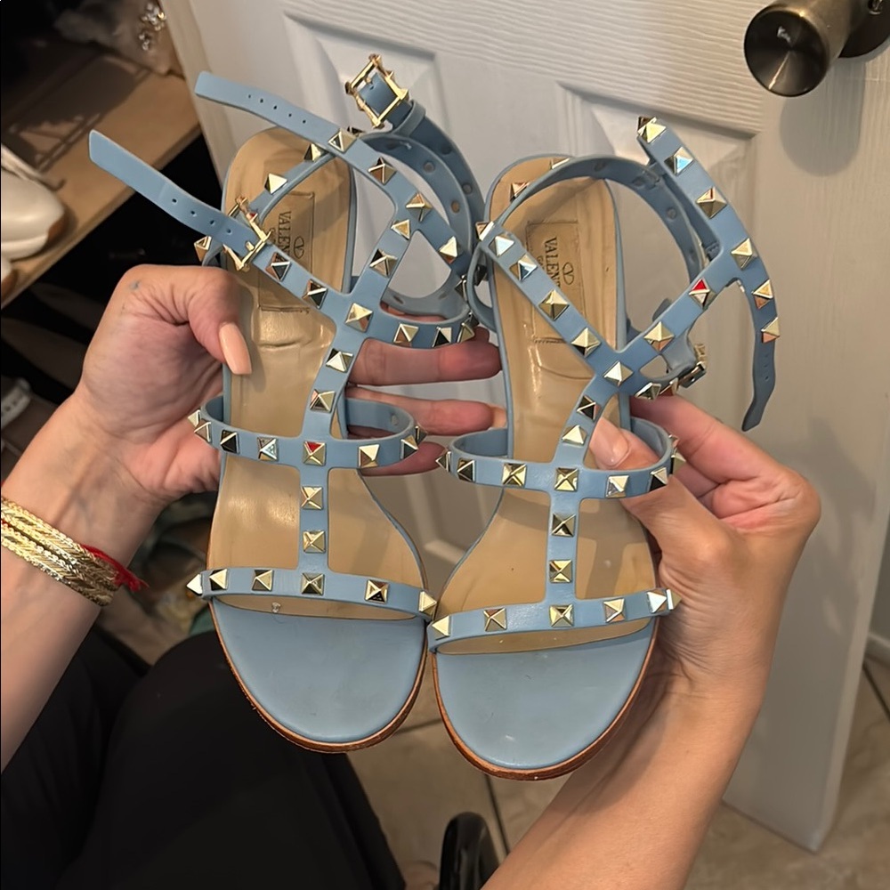 Valentino Blue Rockstud Sandals with Cage Design